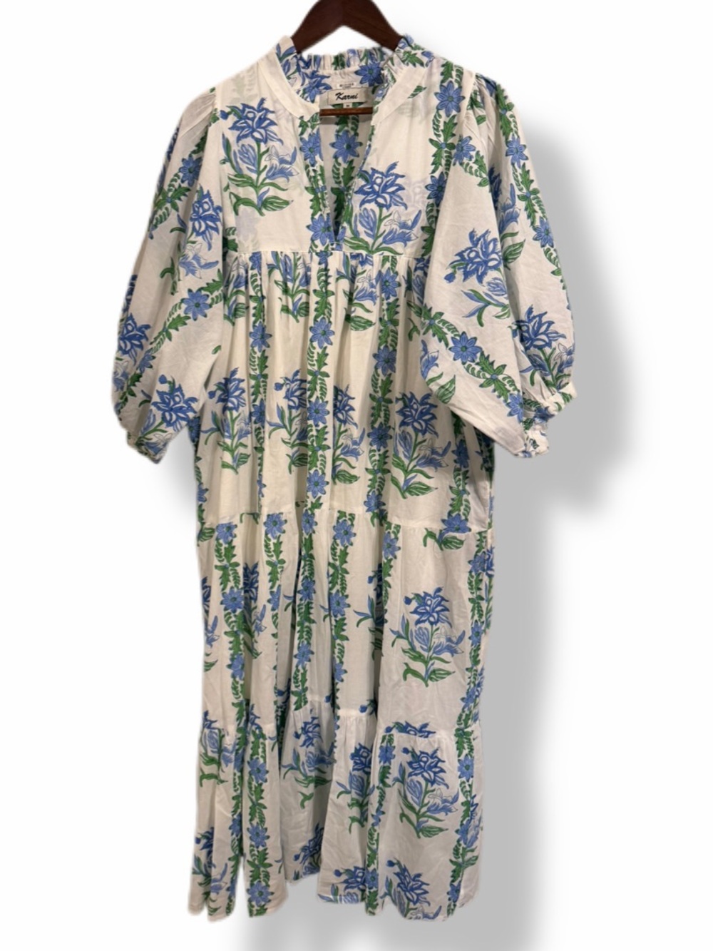 Karni Blue Green Floral 100% Cotton Maxi Dress Size M Puff Sleeve Boho